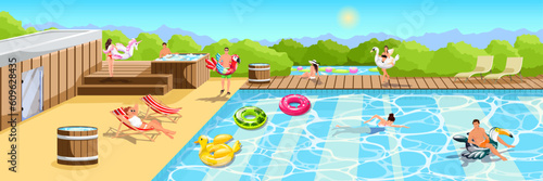 Men and women enjoy in luxury hotel resort. Summer time weekend in swimming pool. Young people have sunbathing and fun in pool activity. Landscape of water park lounge area. Vector illustration