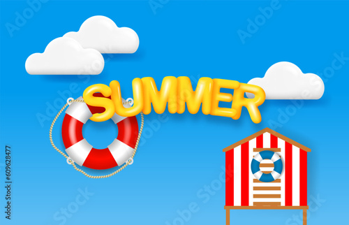 Beach hut, lifebuoys and 3D text SUMMER. Hello summer background