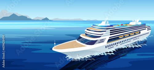 White cruise ship at blue ocean or sea. Pacific or atlantic ocean voyage. Summer travel agency booking tickets concept. Poster with marine landscape. Seascape background with ship. Vector illustration