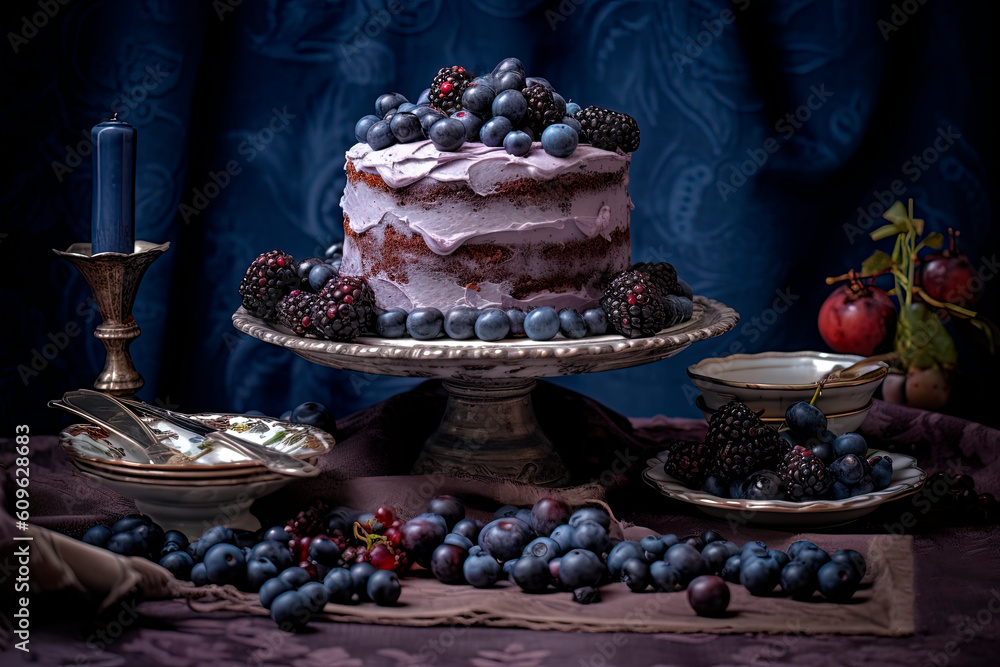 A blueberry cake on a plate on a table. Generative AI A blueberry cake on a plate on a table. Generative AI