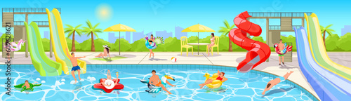 Happy people enjoy waterpark. Summer time vacation in swimming pool, water park landscape. Family activity. People slides pipes, kids playing and swim on inflatable circle animal. Vector illustration