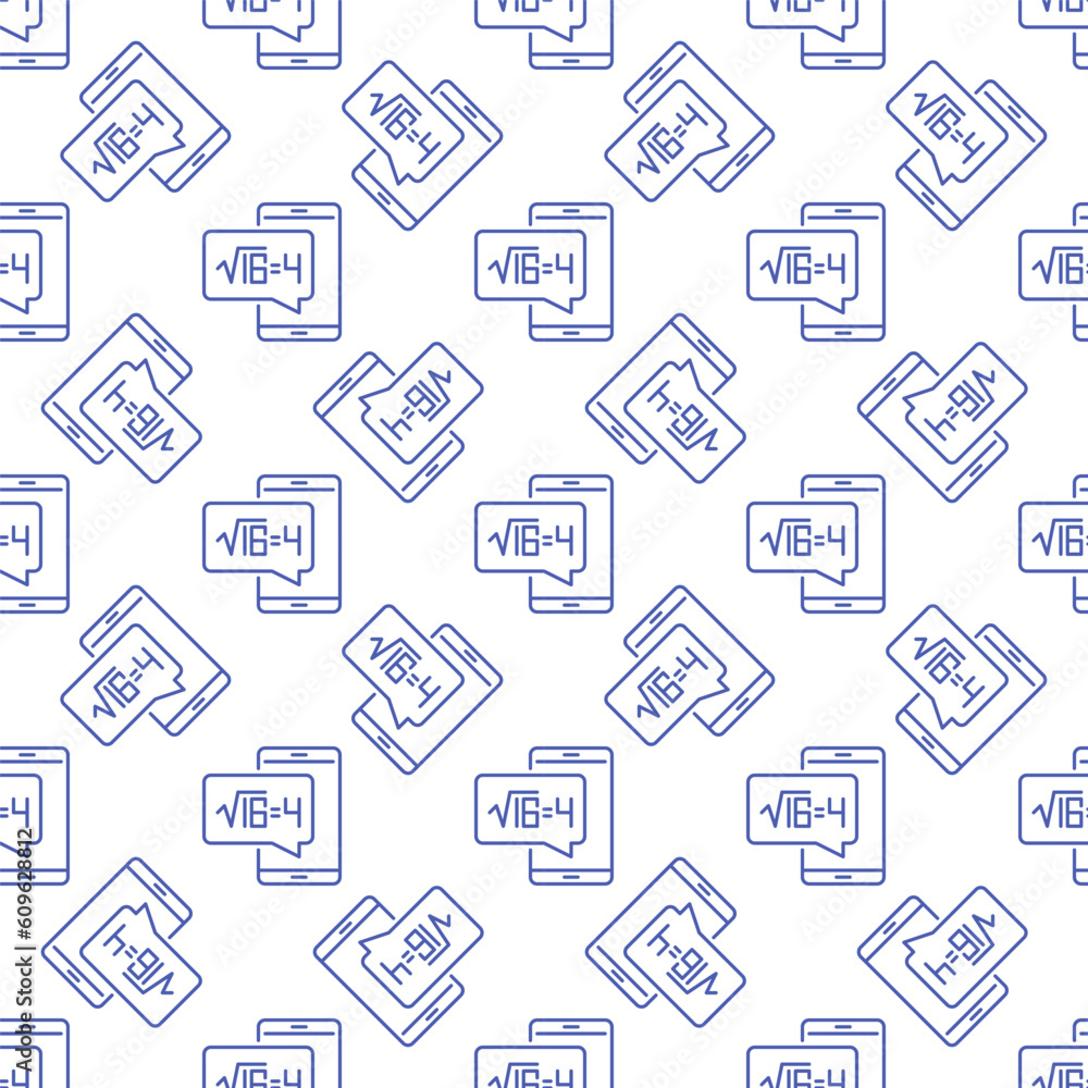Smartphone with Square Root of 16 vector Math outline seamless pattern