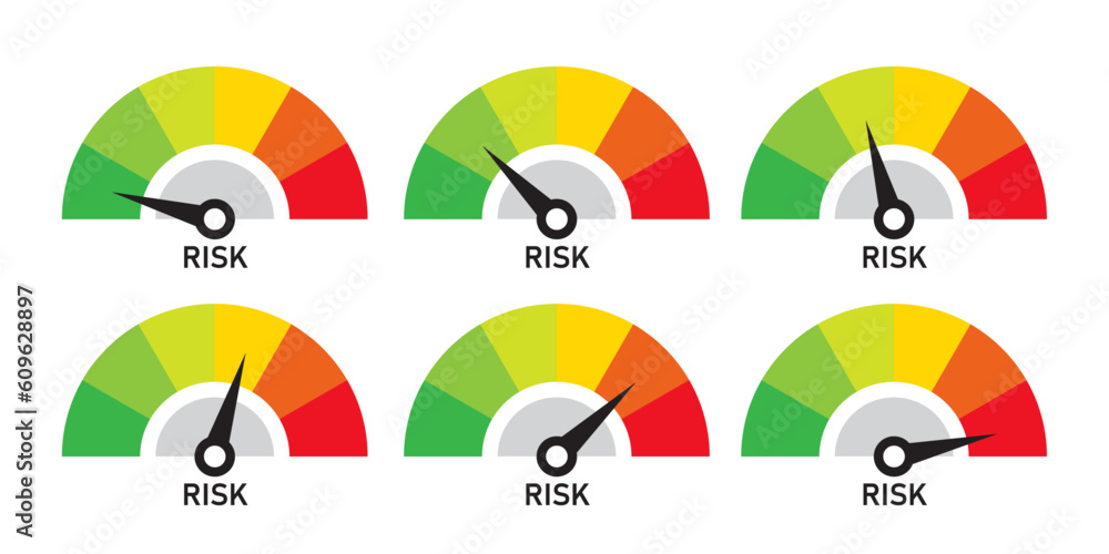 risk level speedometer symbol set on white background. dial indicator ...