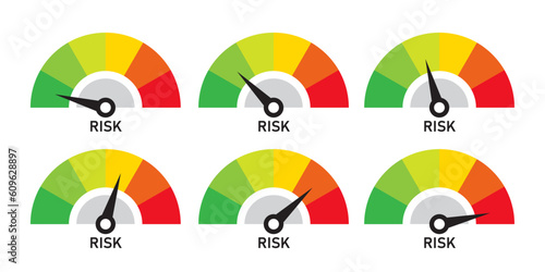 risk level speedometer symbol set on white background. dial indicator low medium and high. vector illustration flat design.