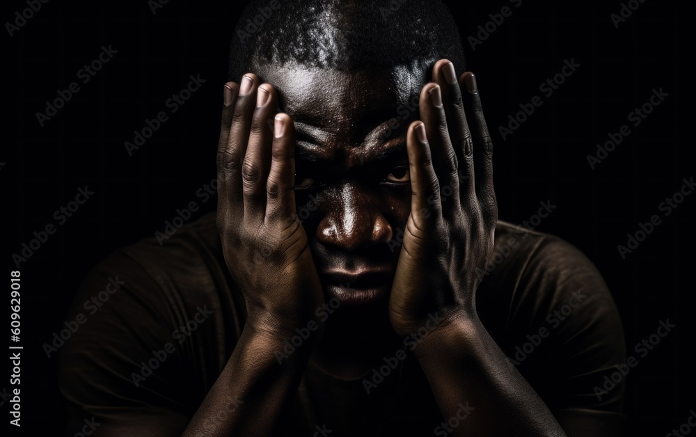 An african man covering his face with his hands, low key portrait. AI ...