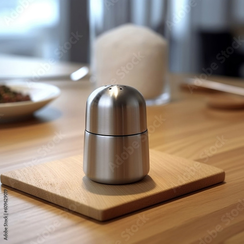 Spice mill. Stainless steel salt shaker. Pepper grinder close-up on a wooden table. Blurred kitchen background, blur effect. AI generated.