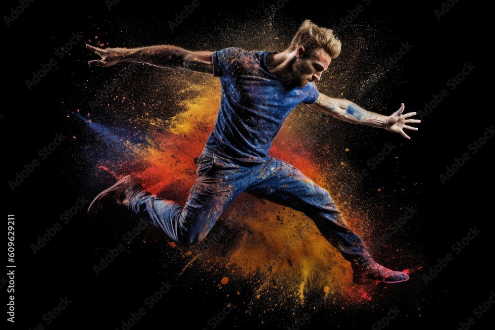 Modern male dancer jumping with vibrant multi color powder spreading around on the black background. AI generative art