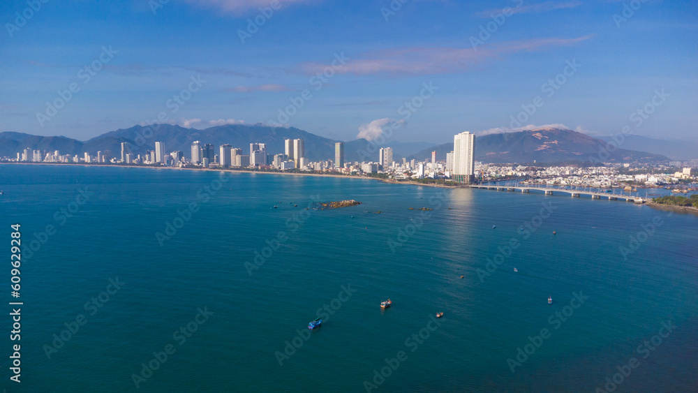 general view, cityscape nha trang city in vietnam shot from drone, gorgeous asia, beach by the sea, modern city in tropics