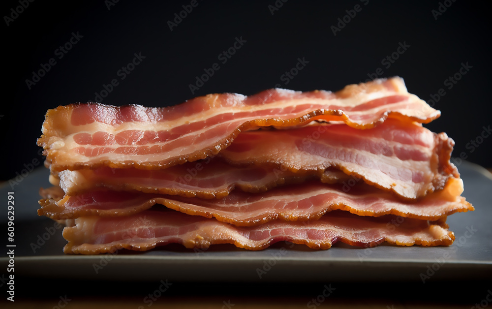 Slices of grilled bacon on a black background. Generative AI technology. Slices of grilled bacon on a black background. Generative AI technology.