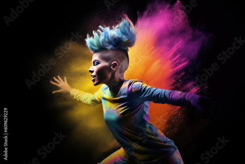 Modern dancer, young woman with mohawk hairstyle and vibrant multi color powder spreading around on the black background. AI generative art