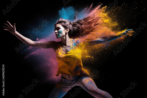 Modern female dancer dancing with vibrant multi color powder spreading around on the black background. AI generative art