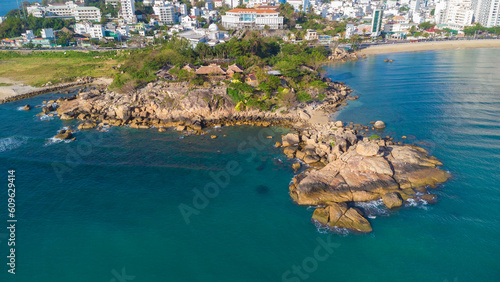 landmark rock garden, view of the central beach, cityscape nha trang city in vietnam shot from drone, gorgeous asia, beach by the sea, modern city in tropics