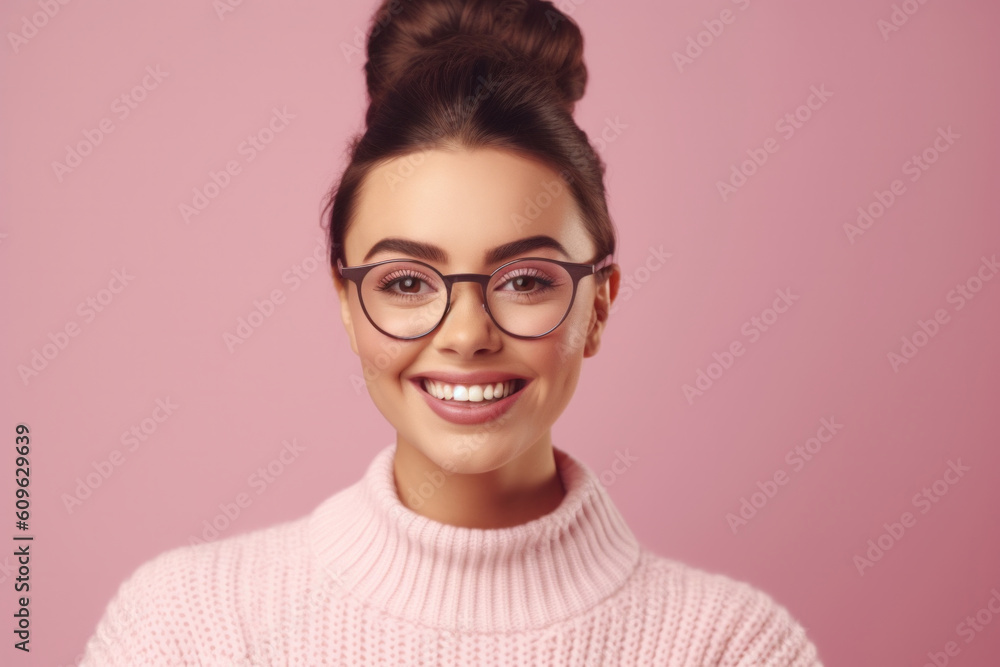 Portrait Of Smiling Student Girl In Glasses On Copy Space. Young European Woman in Eyeglasses. Generative AI