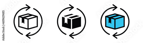 Box package return or Exchange icon set. Delivery or shipping box with circle arrow icon symbol in line, flat, and color style with editable stroke for app and website. Vector illustration