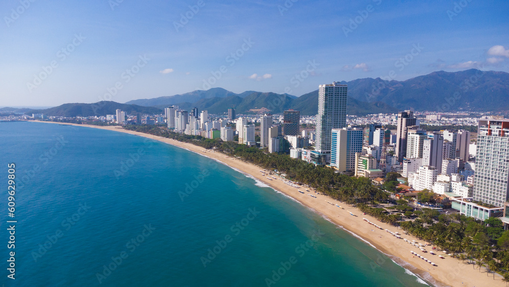central beach, general view, cityscape nha trang city in vietnam shot from drone, gorgeous asia, beach by the sea, modern city in tropics