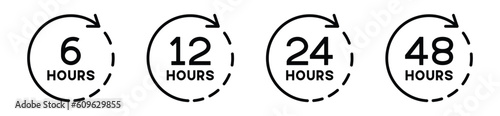 6, 12, 24, and 48 hours icon. Time, clock, hour in line style on white background with editable stroke for app and website. Vector illustration