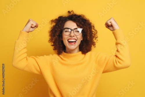 Female Student Passed Exams. Successful Spanish Girl is Happy. Joyful and Triumphant Girl on Yellow. Generative AI © VK Studio