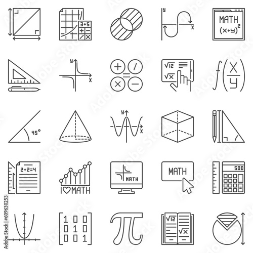 Mathematics outline icons set - Math and Algebra Education vector symbols