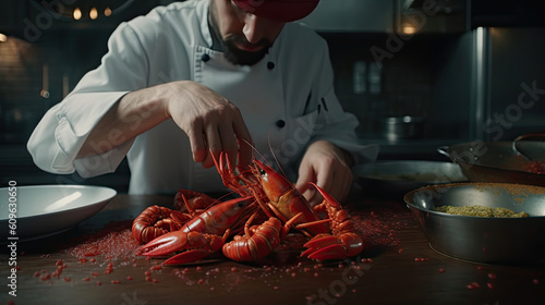 Chef cook putting prepared boiled crawfish. Generative AI