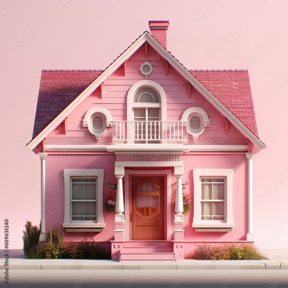 Cute pink house. 3d render in pastel colors.