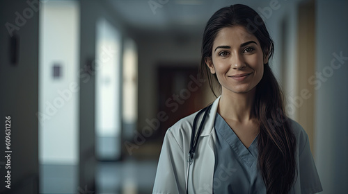 Portrait of happy young female doctor standing in hospital corridor and writing medical report on clipboard. Caucasian woman. Generative AI photo