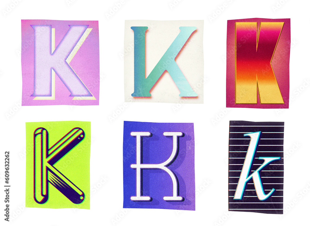 Letter K ransom note paper cut-out collage elements in various graphic styles isolated on transparent background Letter K ransom note paper cut-out collage elements in various graphic styles isolated on transparent background