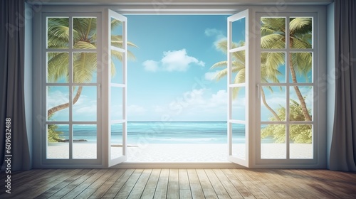 Beautiful view window for luxury lifestyle design. Natural background. Stock illustration. Summer nature decoration with palm. Travel Design background.