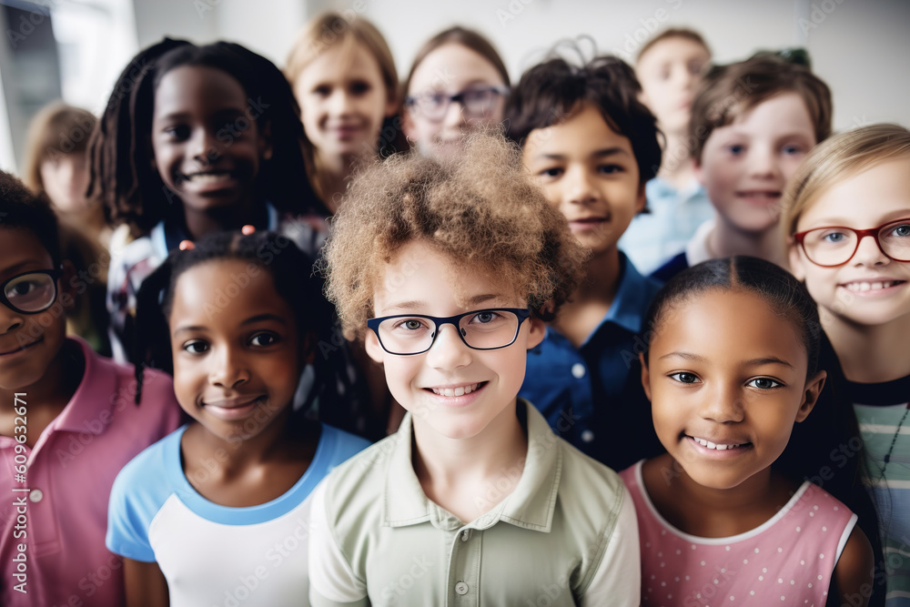 child girl school group portrait student boy education happy elementary pupil friend young kid smiling little class classroom, created using generative ai technology child girl school group portrait student boy education happy elementary pupil friend young kid smiling little class classroom, created using generative ai technology