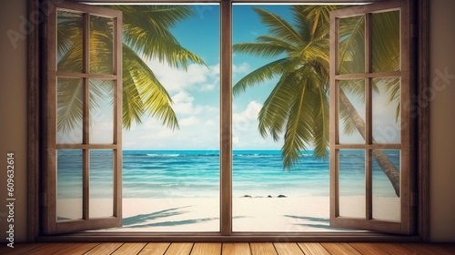 Beautiful view window for luxury lifestyle design. Natural background. Stock illustration. Summer nature decoration with palm. Travel Design background.