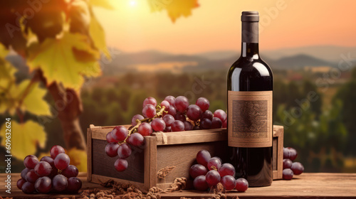 Two bottles of red wine and grapes stand by an open window overlooking a beautiful landscape. Retro style.