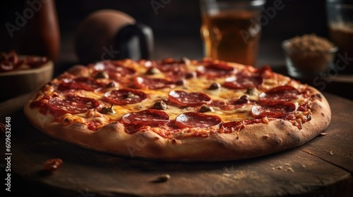 Pepperoni pizza on stone blurred background. Generative AI.