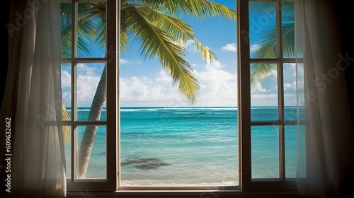 Beautiful view window for luxury lifestyle design. Natural background. Stock illustration. Summer nature decoration with palm. Travel Design background.
