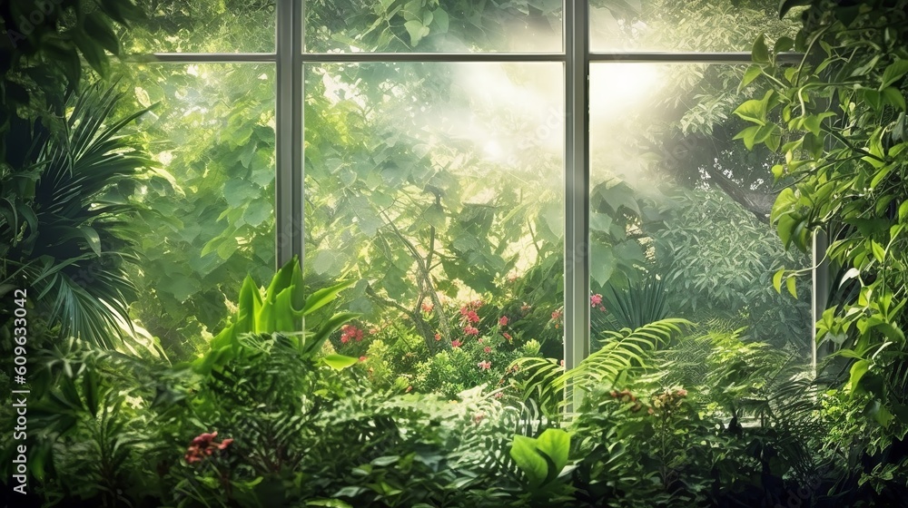 Fototapeta premium Beautiful Travel natural landscape. View window in realistic style on natural background.