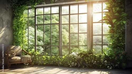 Beautiful Travel natural landscape. View window in realistic style on natural background.