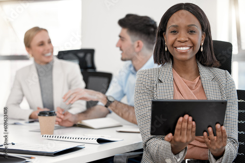 Photography Portrait, business accountant and black woman with tablet in corporate office meeting
