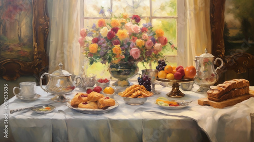 Impressionistic oil painting of a royal breakfast table adorned with delicious pastries  fresh fruits and precious tableware. Beautiful artistic still life made with generative AI.