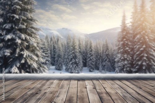 an empty frozen wooden floor in the foreground against a snowy coniferous forest in the background. Vertical format winter concept background for product presentation or as copy space. © Mirador