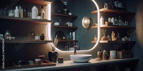 Modern bathroom with wooden shelf and backlit mirror. Generative AI
