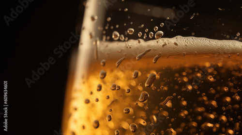 A beer glass with drops and beer close up. Generative AI
