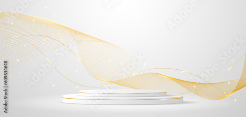 Multi-layered white podium with elegant gold wave lines on the back for product presentation. Display of cosmetic products. Stage or podium. vector illustration
