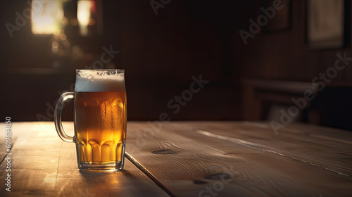 A beer glass with drops and beer on wooden table. Generative AI