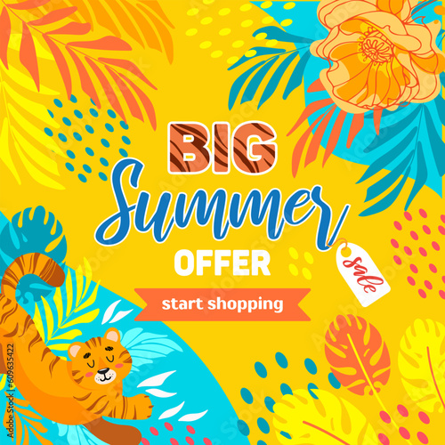 Bright summer square sale banner. Tiger, tropical leaves and flowers. In bright yellow blue neon colors. Hippie, psychedelic. For advertising , website, flyer.