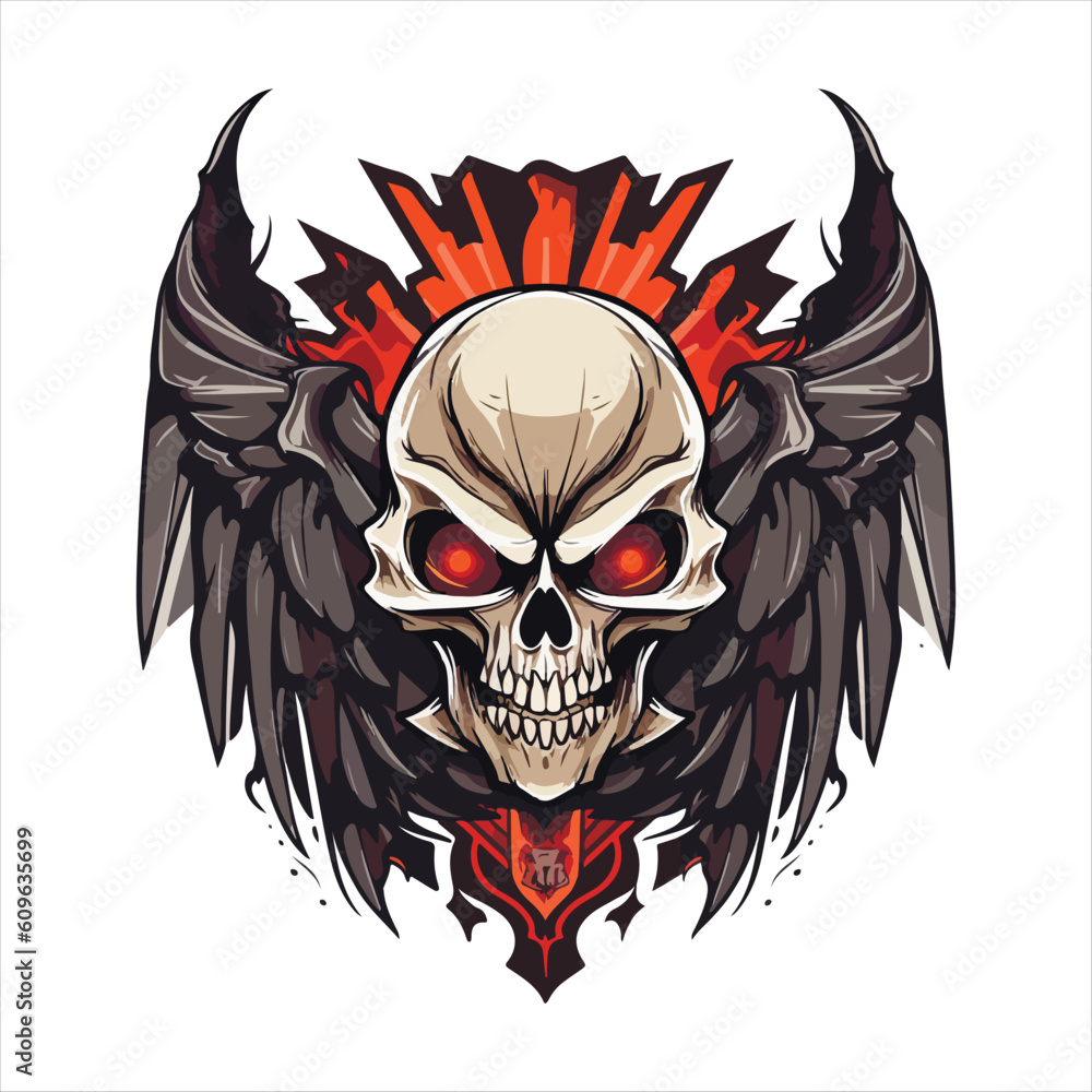Skull emblem vector logo. Agressive human skull with wings Skull emblem vector logo. Agressive human skull with wings