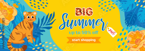Bright summer sale horizontal banner. Tiger, tropical leaves and flowers. In bright yellow blue neon colors. Hippie, psychedelic. For advertising, website, flyer.