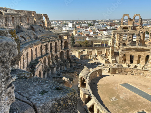 El Jem Roman Amphitheater, High Angle Shot with Cityscape View to Horizon photo