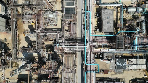 Oil refinery aerial view, shot from a drone. Production of oil and chemicals.