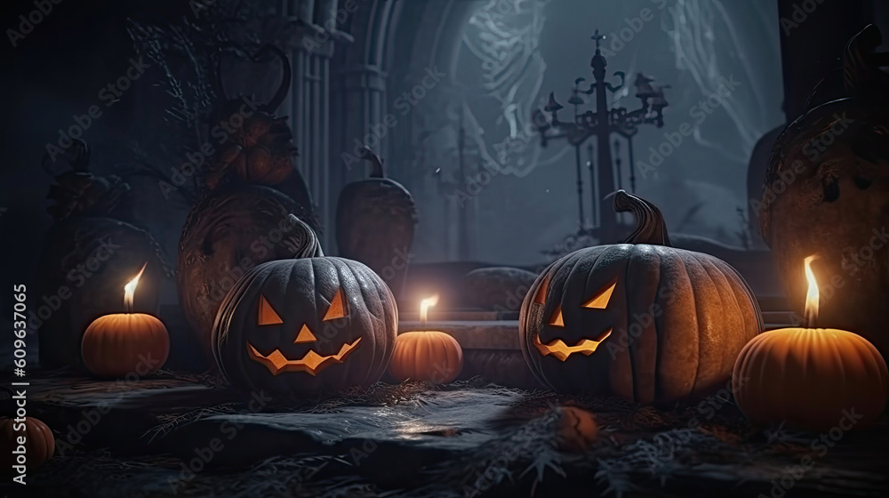 Naklejka premium Jack 'O Lantern In Cemetery In Spooky Night With Full Moon - Halloween. Generative AI