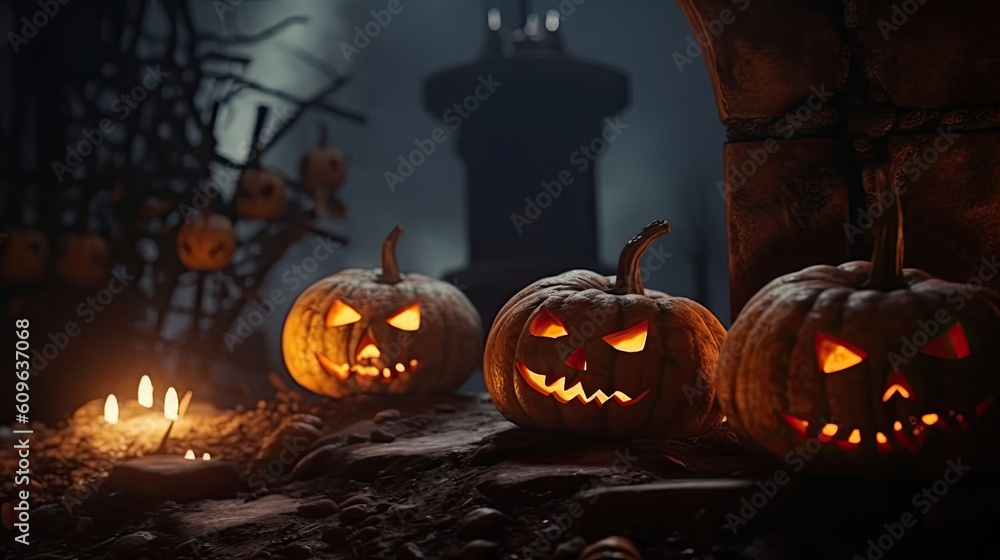 Jack 'O Lantern In Cemetery In Spooky Night With Full Moon - Halloween. Generative AI Jack 'O Lantern In Cemetery In Spooky Night With Full Moon - Halloween. Generative AI
