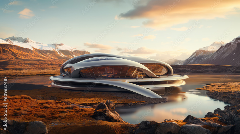 Obraz premium Generative ai illustration of sci-fi futuristic exterior designed with large windows