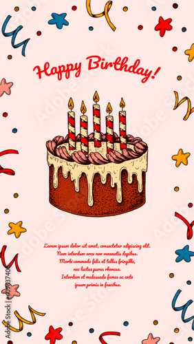 Birthday vertical greeting card. Poster with hand drawn elements. Celebration social media stories  template. Vector illustration in sketch style